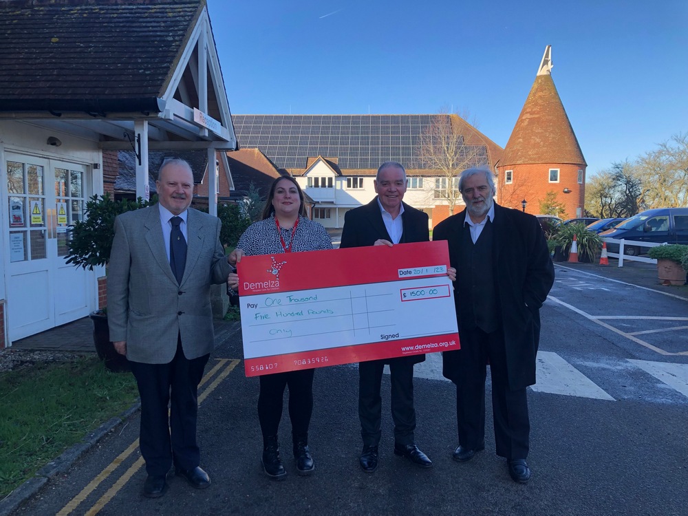 Outside Demelza House, cheque presentation with lodges members, Peter Herbert, Paul Akast and Peter Mchugh, along with the media manager for Demelza. 