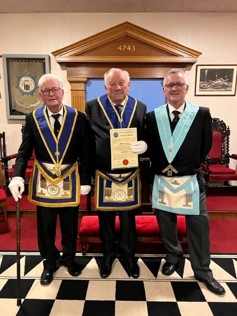 A picture of Willie, (centre) with W.Bro Jim Flanagan and W.Bro George Sutherland