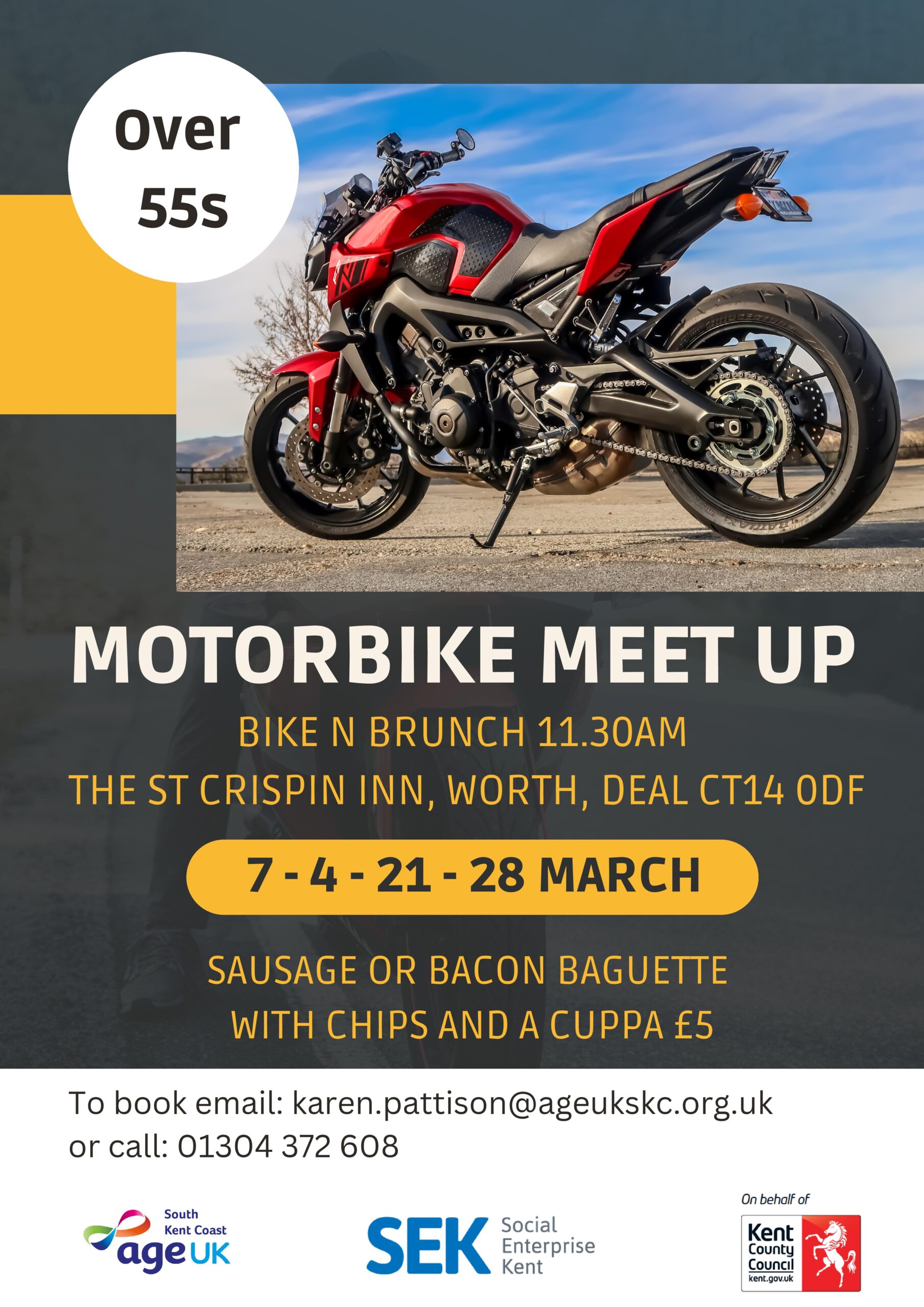 Motorbike meet up poster, explaining where, Deal Kent, every Tuesday in March 11:30am