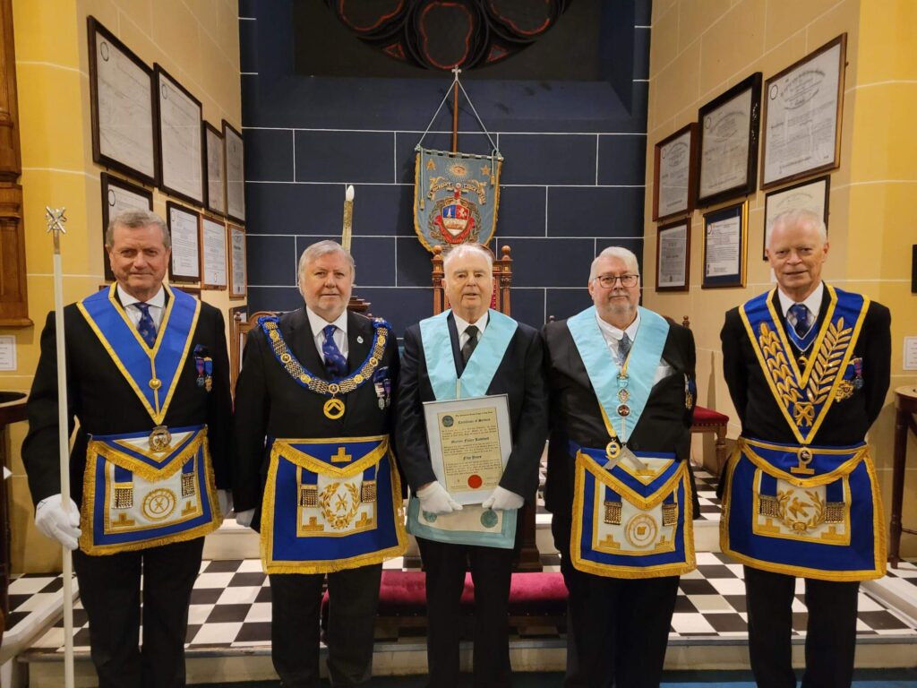A picture of Willie, (centre) with W.Bro Jim Flanagan and W.Bro George Sutherland