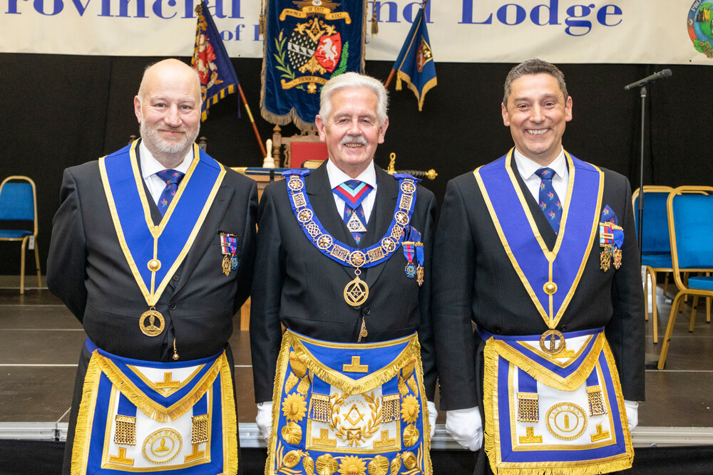 The PGM welcomes his newly appointed Provincial Senior Grand Warden, WBro Colin Barden (left) and his Provincial Junior Grand Warden WBro Matt Jury