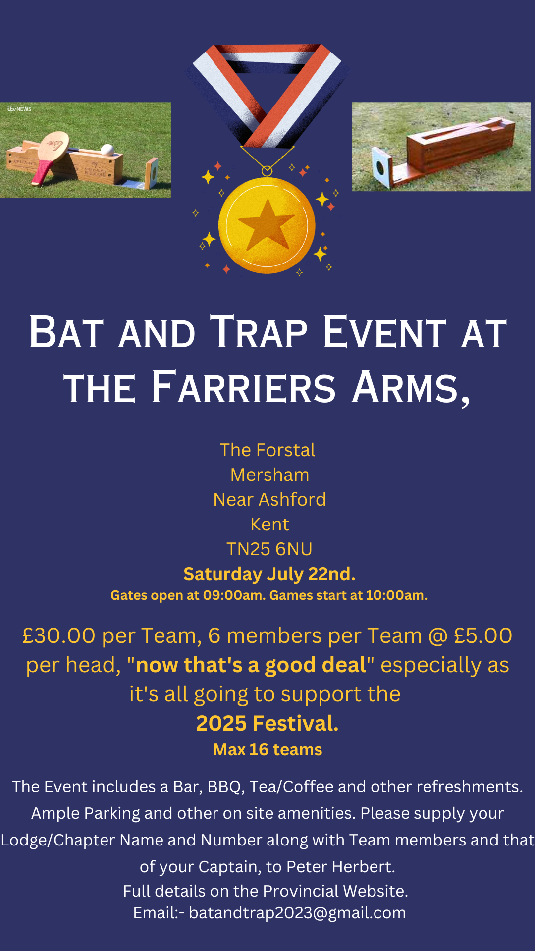 Poster advertising a bat and trap competition on Saturday 22nd July at 09:00