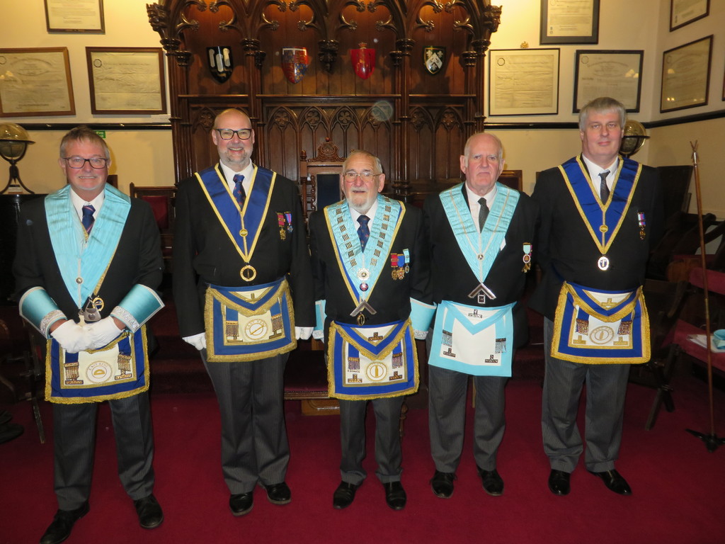 Picture of the Worshipful Master, Wardens, Immediate Past Mater and our new Visiting Officer. 