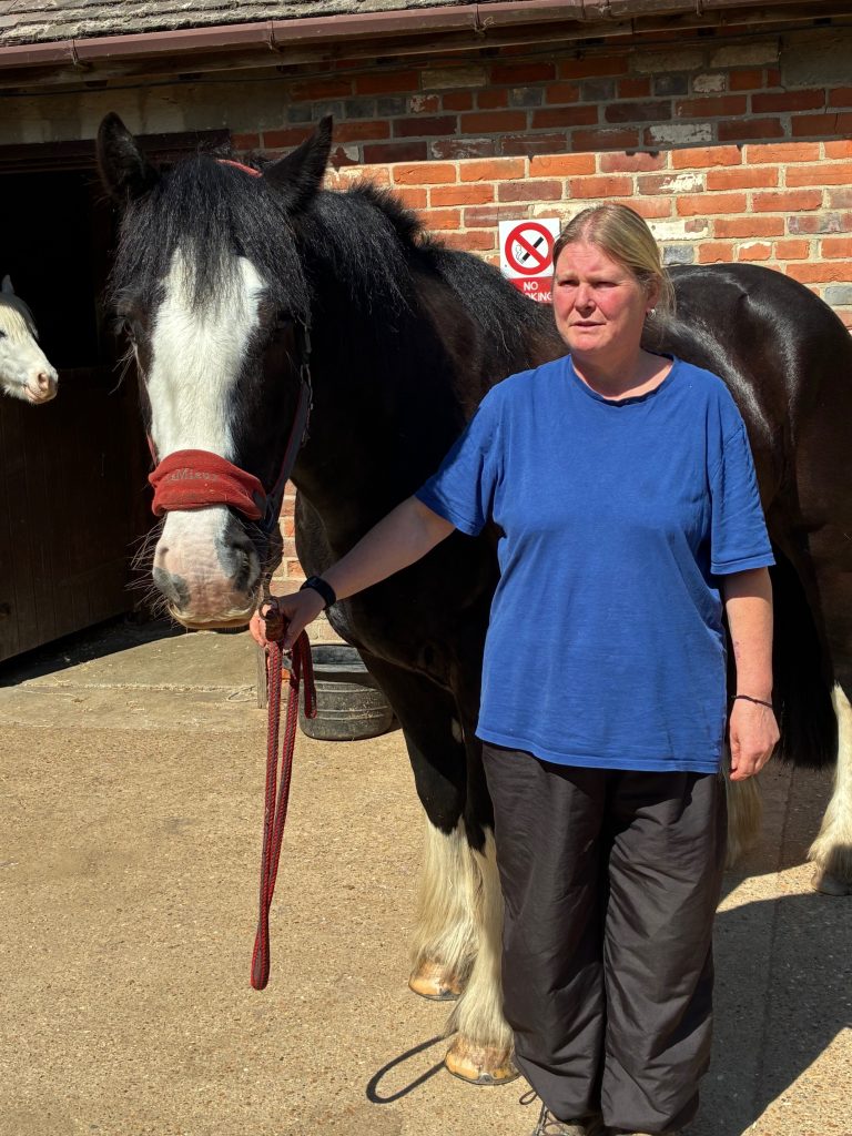 IMG_2377 Jo is also seen with Dylan, a rather large and gentle horse, about to be saddled up